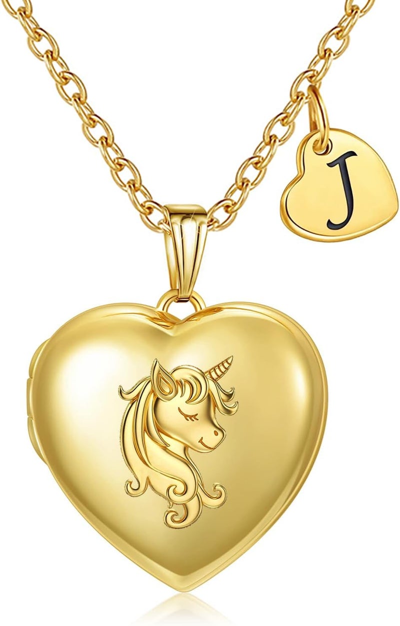 YOUFENG Heart Letter Unicorn Locket Necklace Initial Locket that Holds Pictures Locket Birthday Gifts - Image 1